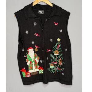 Southern Lady Vest Black Christmas Embroider Santa Cardinal Button Front